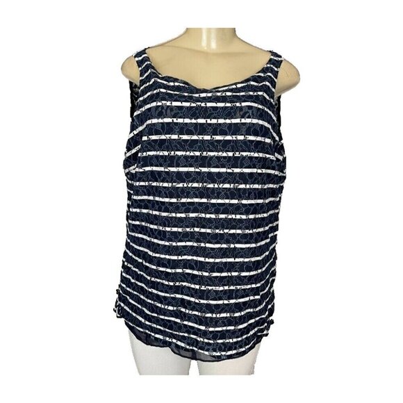 Tommy Hilfiger L Navy Blue Sheer Floral Striped Lined Zip Back Sleeveless Top - Picture 2 of 7